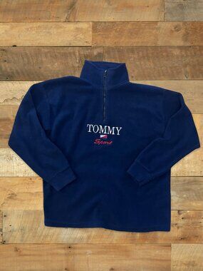 Vintage Tommy Sport Fleece Quarter Zip Spellout Pullover Navy Y2K 90s Made Canad